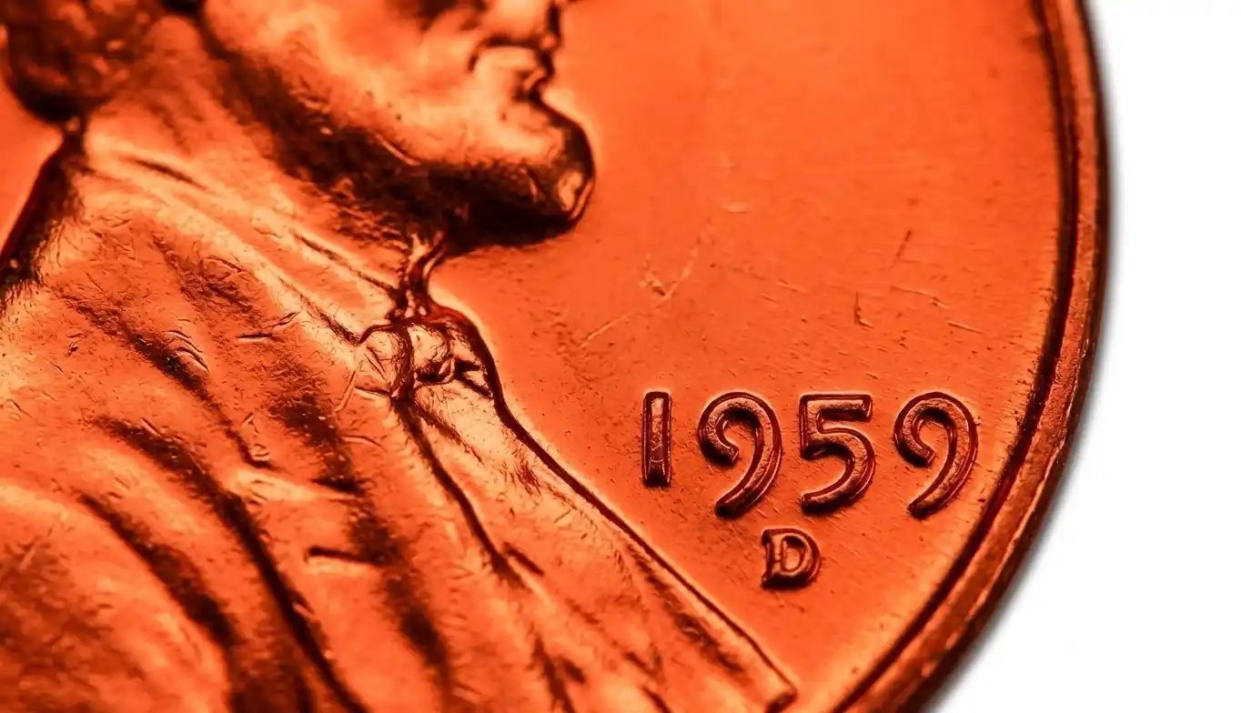 a 1959-D Lincoln penny with bright red copper luster