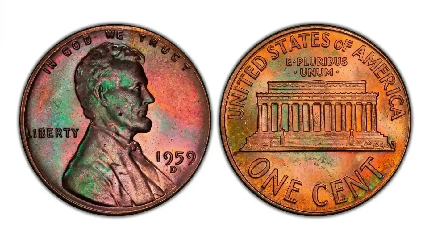 Close-up of circulated versus brilliant 1959-D pennies side by side