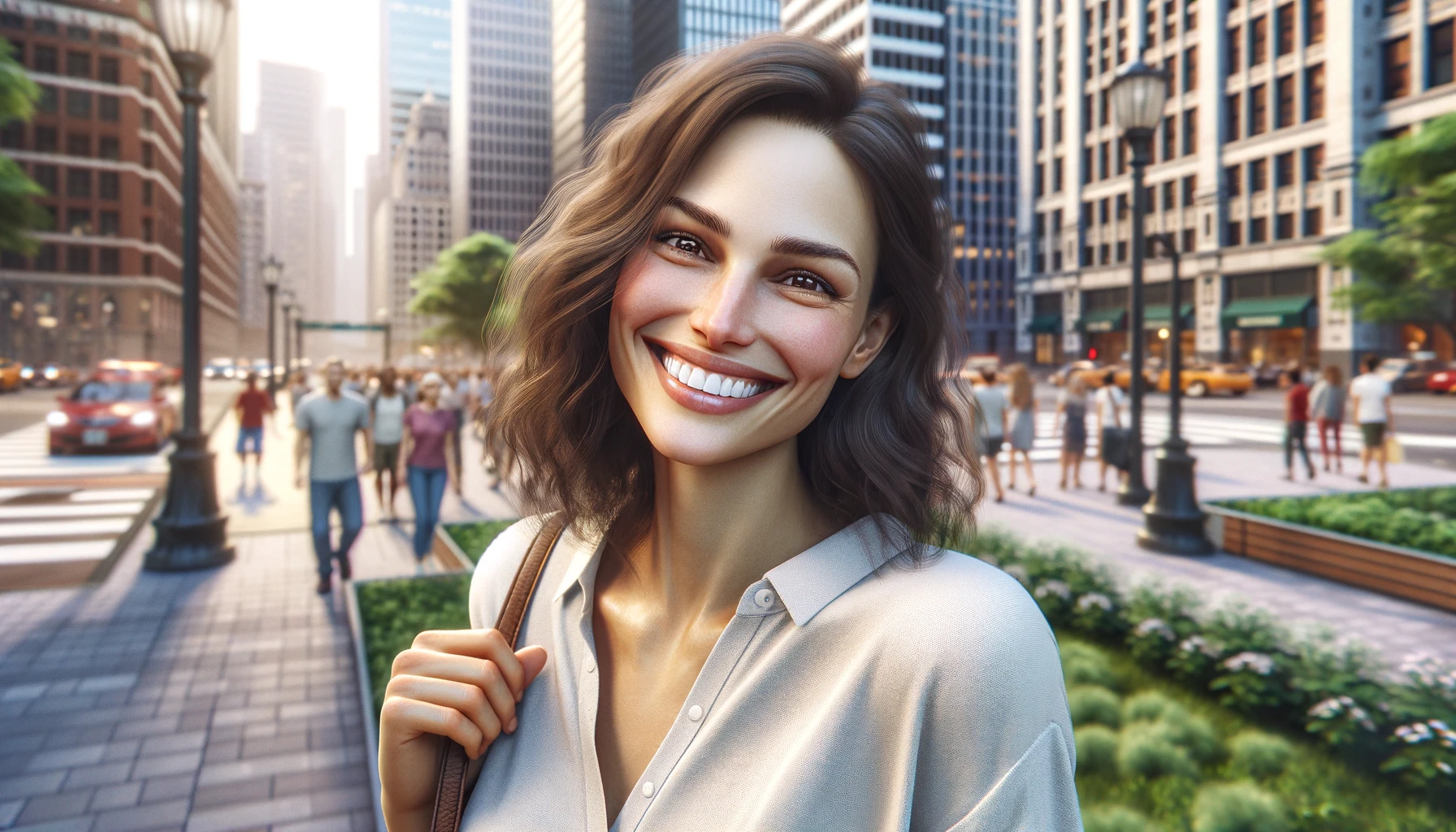  woman's expression is genuinely happy, showcasing a moment of contentment and ease in the midst of the city's hustle and bustle.