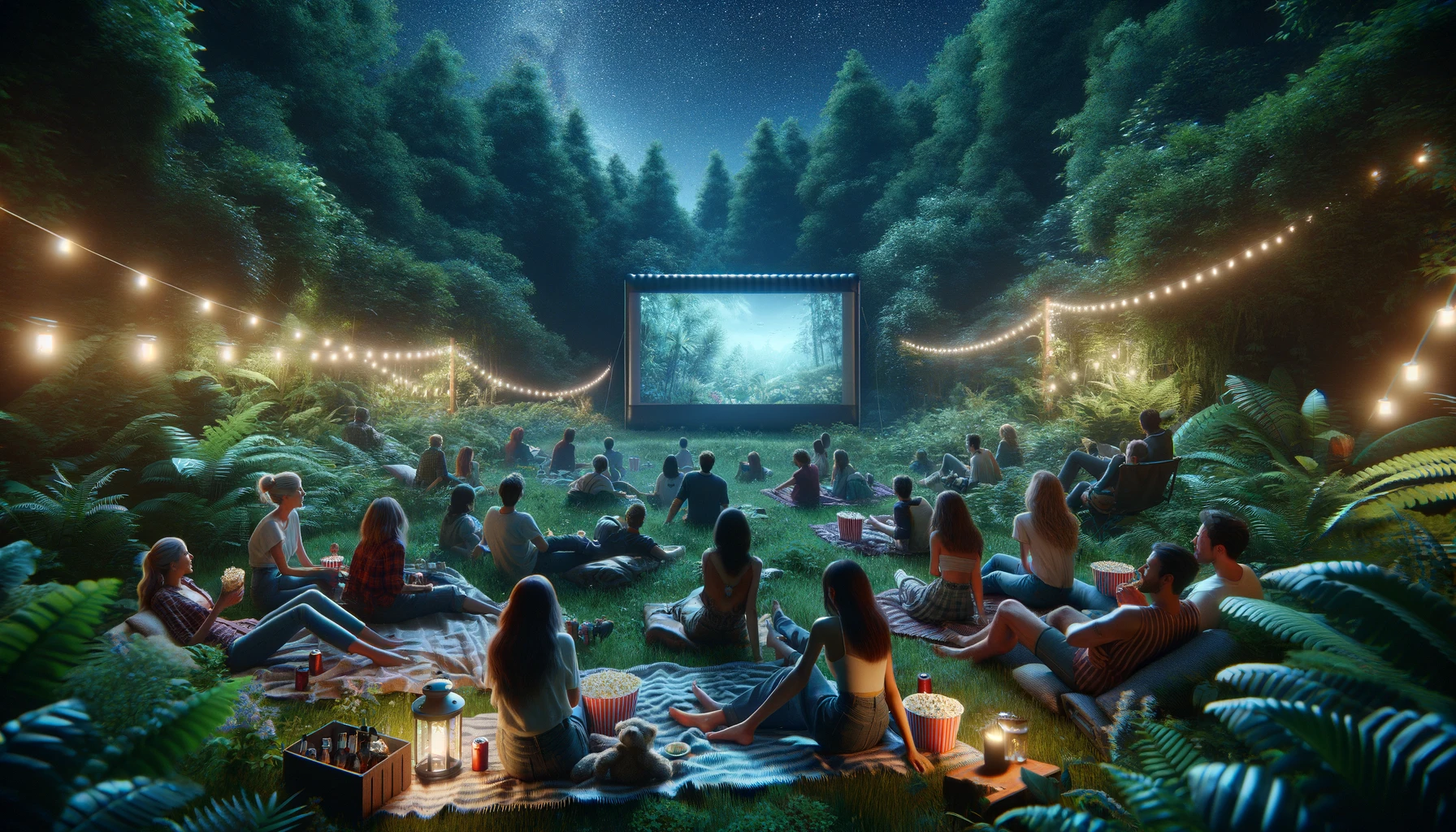 a group of friends enjoying a movie night outdoors, set in the midst of nature