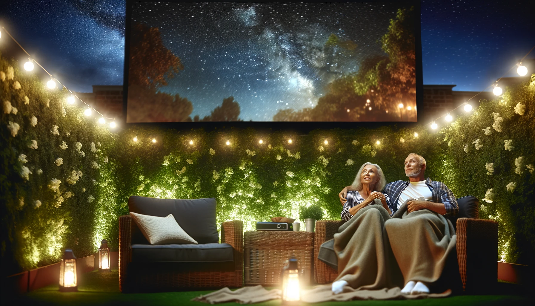 mature couple enjoying an outdoor movie night under a starry sky