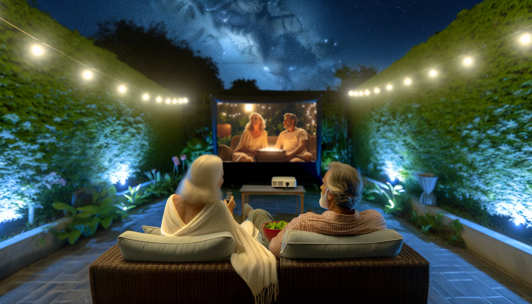 mature couple enjoying a movie night outdoors, set in the midst of nature