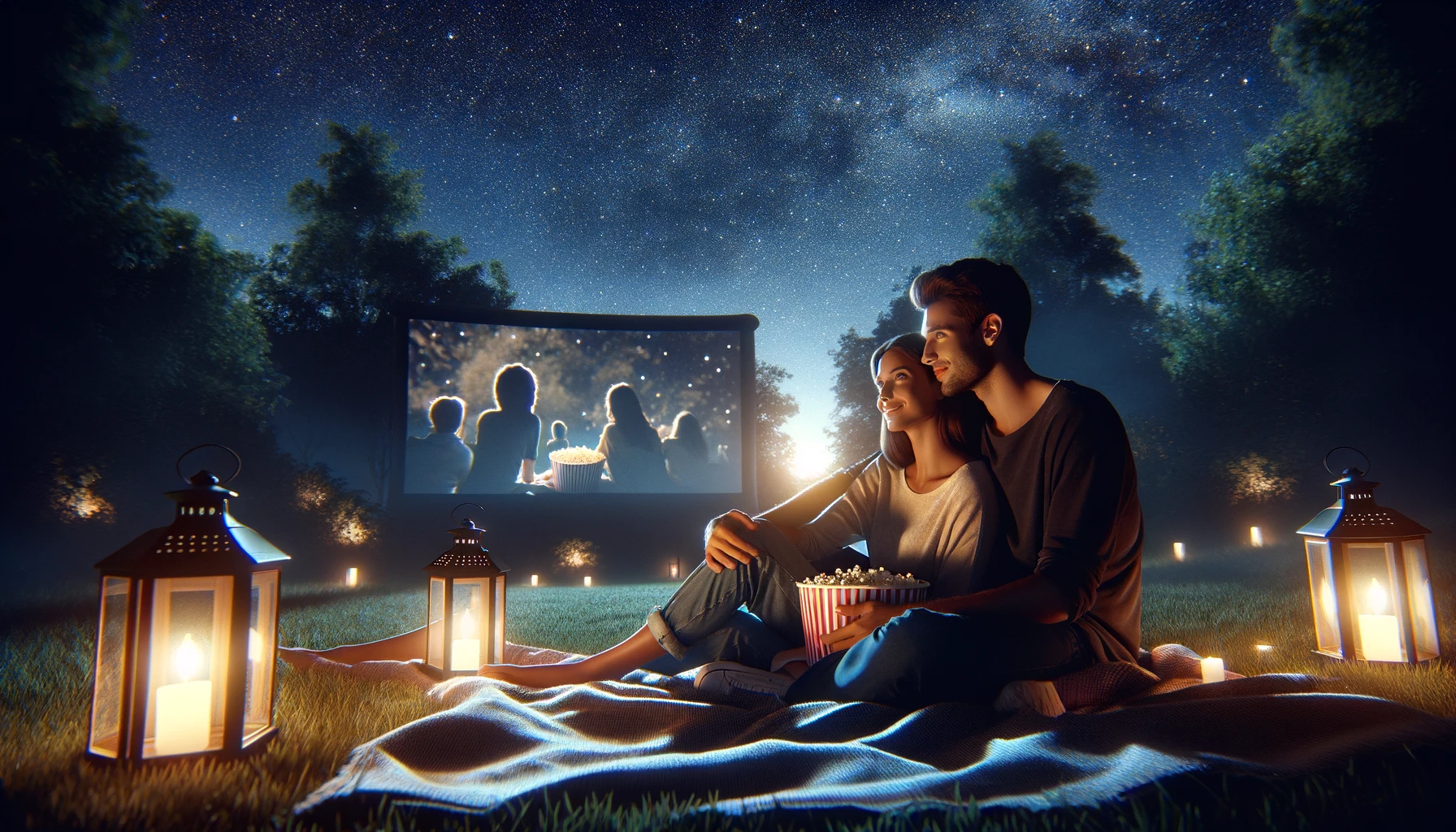 young couple watch outdoor movie under the stars
