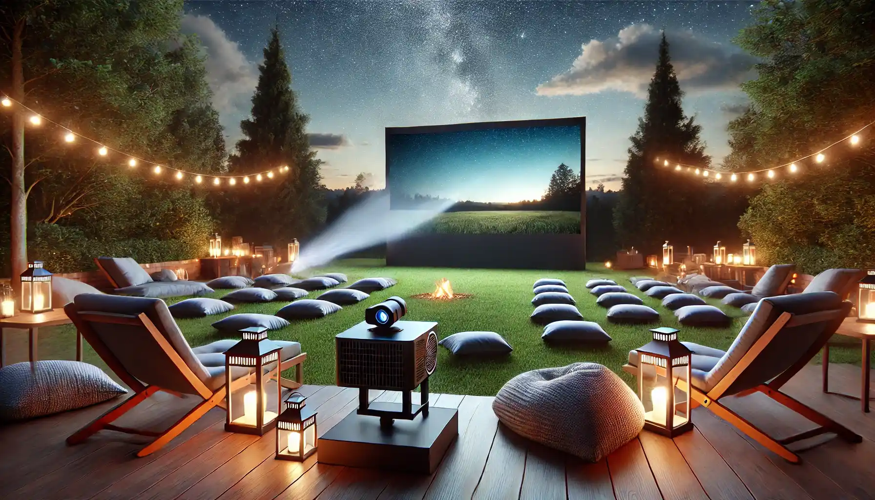 a backyard outdoor movie setup with a modern projector displaying a clear, vibrant image onto a portable rigid frame screen.