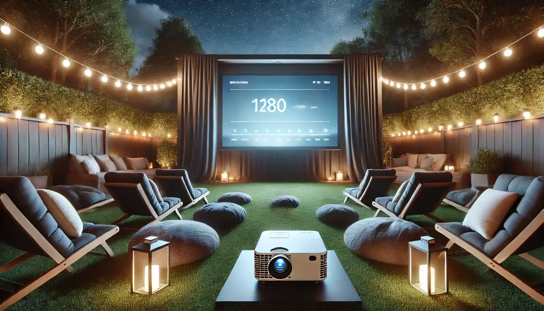 a modern outdoor projector setup for a backyard movie night, featuring a clear 1080p or higher quality projector on a stand facing a large, high-resolution portable screen.