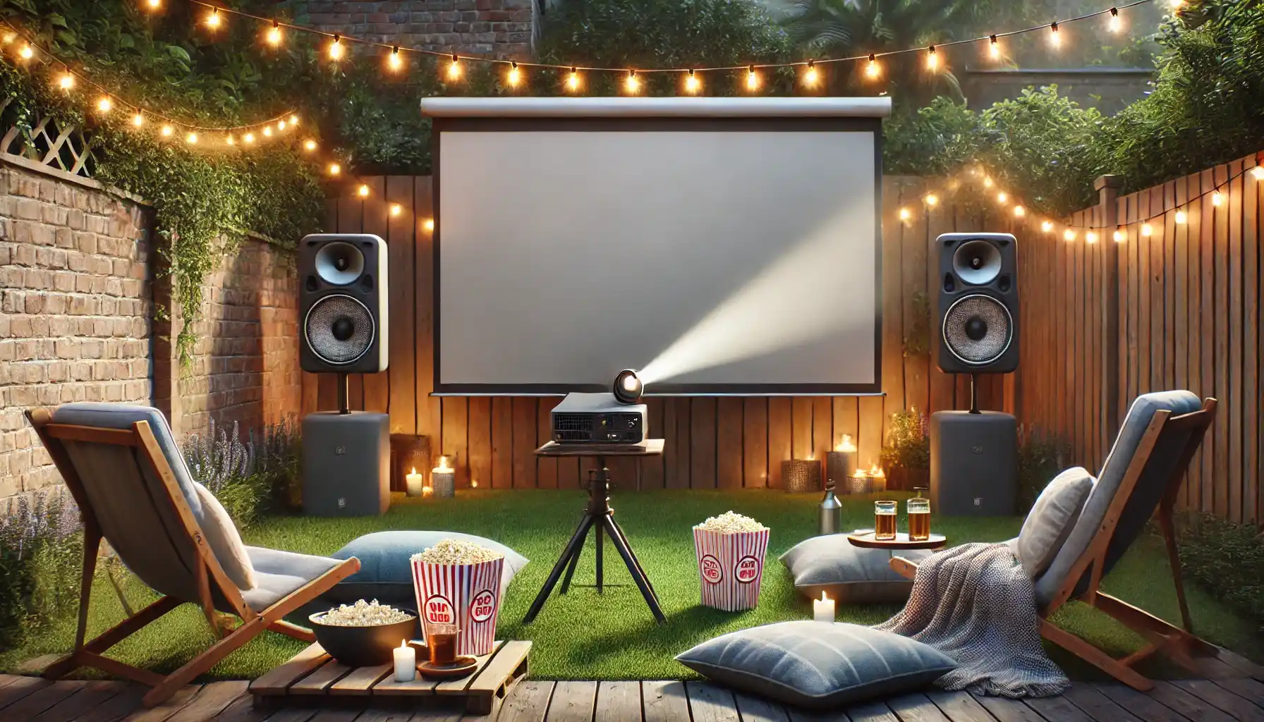 an outdoor projector setup on a stand, projecting a movie onto a large, portable projection screen in a backyard.
