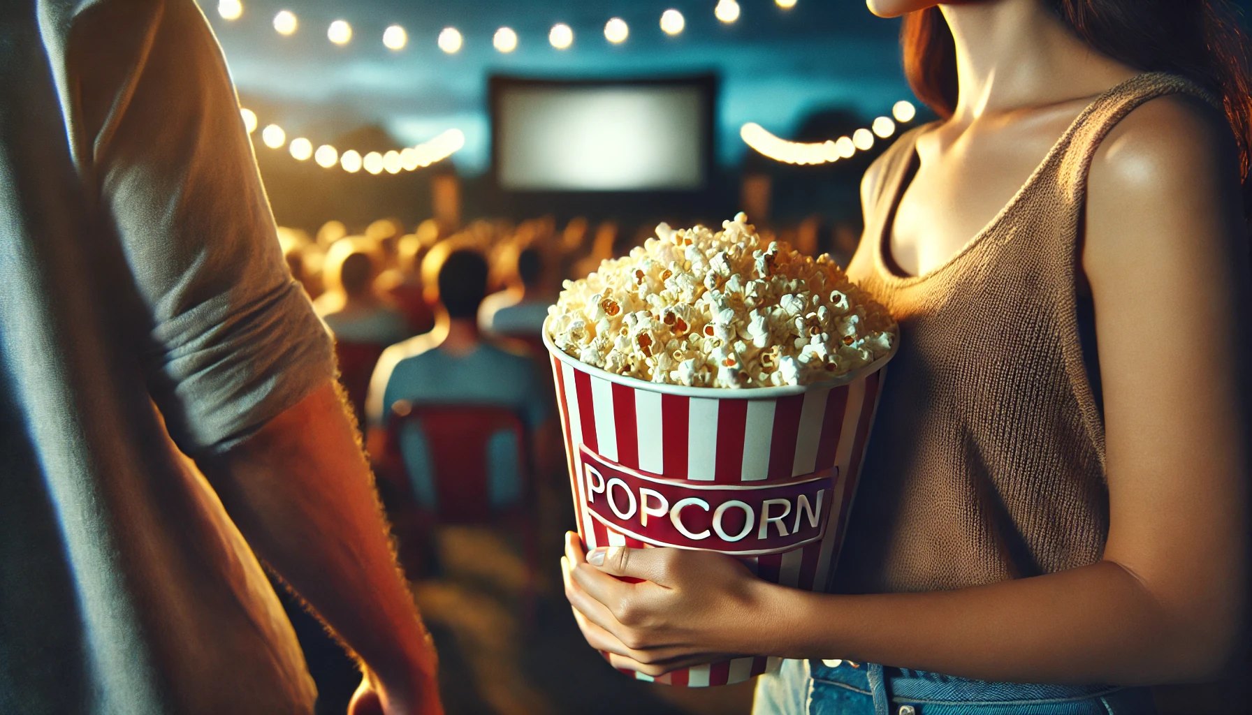 A close-up view of a couple's hands holding a large bucket of popcorn as they enter an outdoor cinema, with string lights and a movie screen blurred in the background.