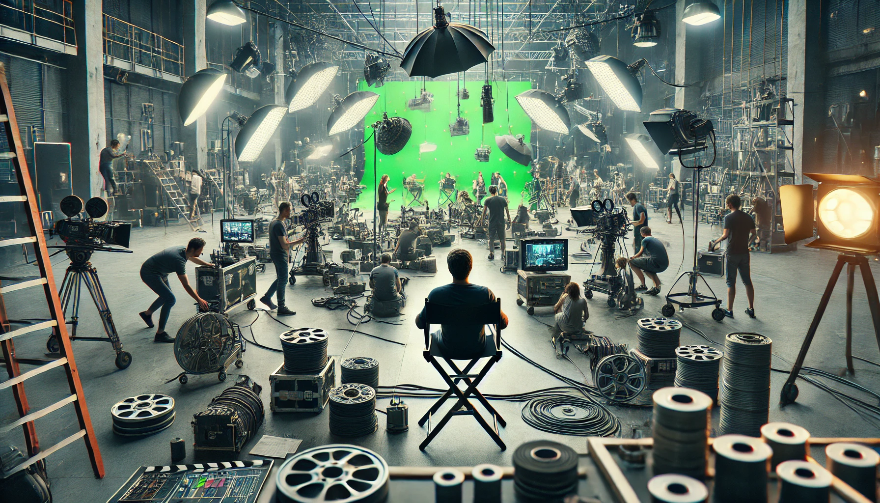 a film production team working on a movie set. The scene captures a director sitting in a director's chair, surrounded by a crew setting up lights, cameras, and sound equipment.