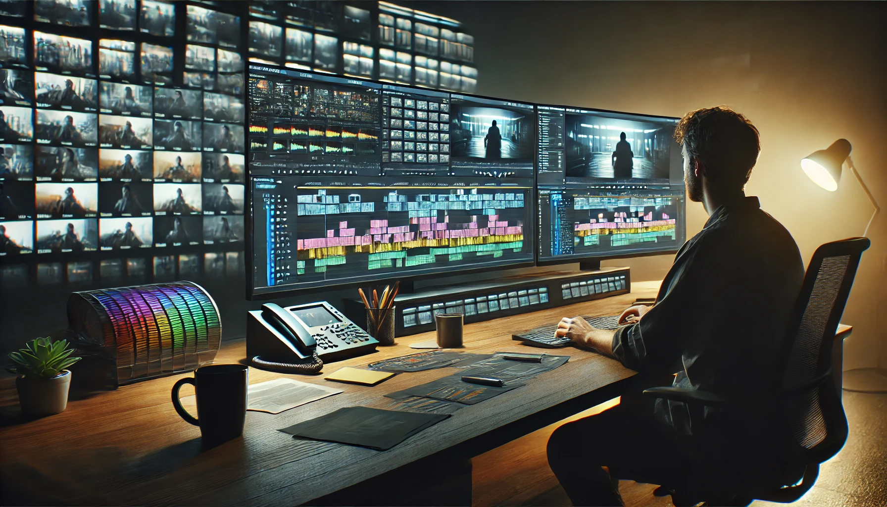 a film editor working on a post-production editing suite.