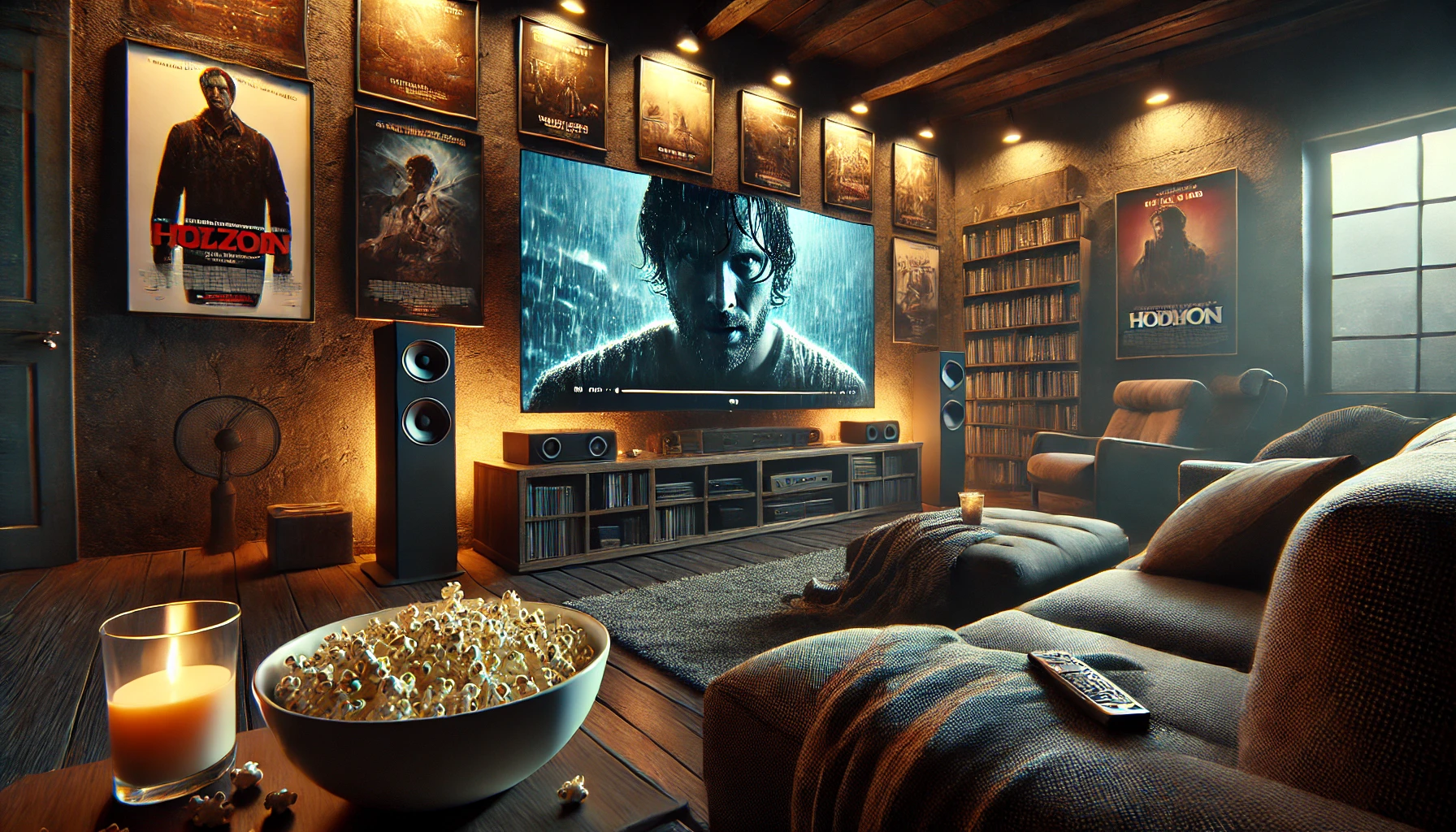 a cozy living room environment with a large screen TV displaying an intense movie scene.