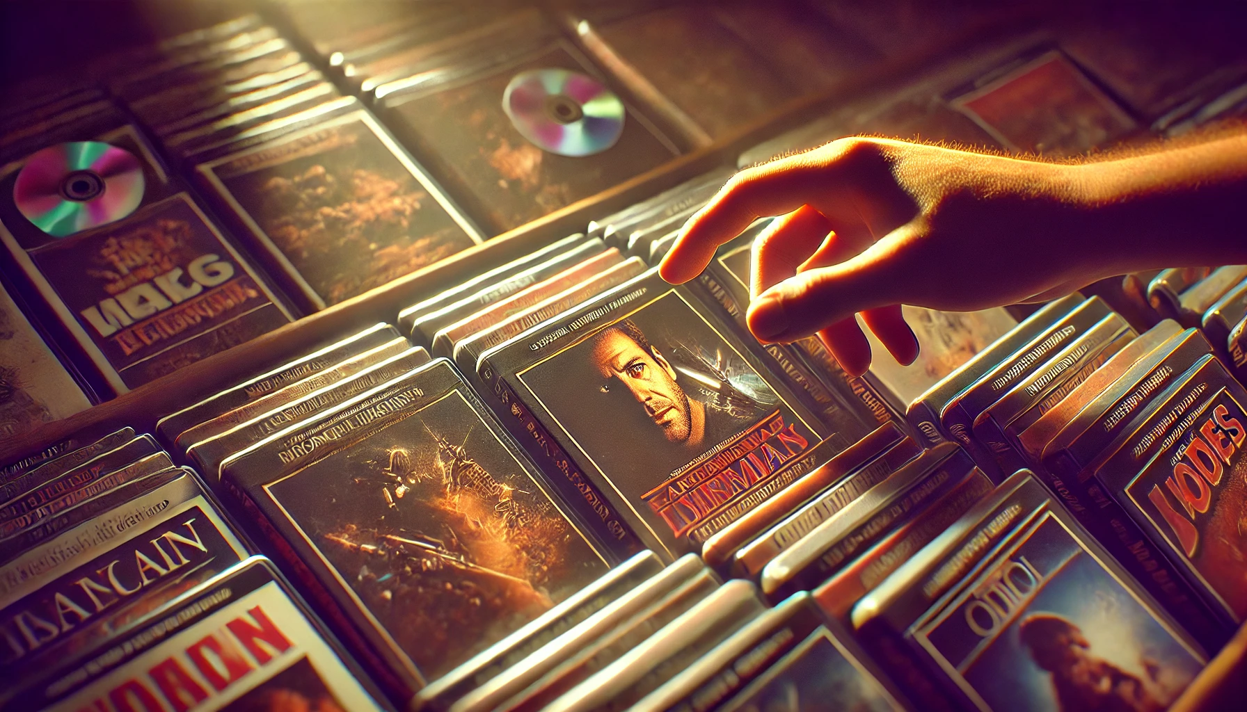 a close-up of a hand selecting a movie from a collection of DVDs or Blu-rays.