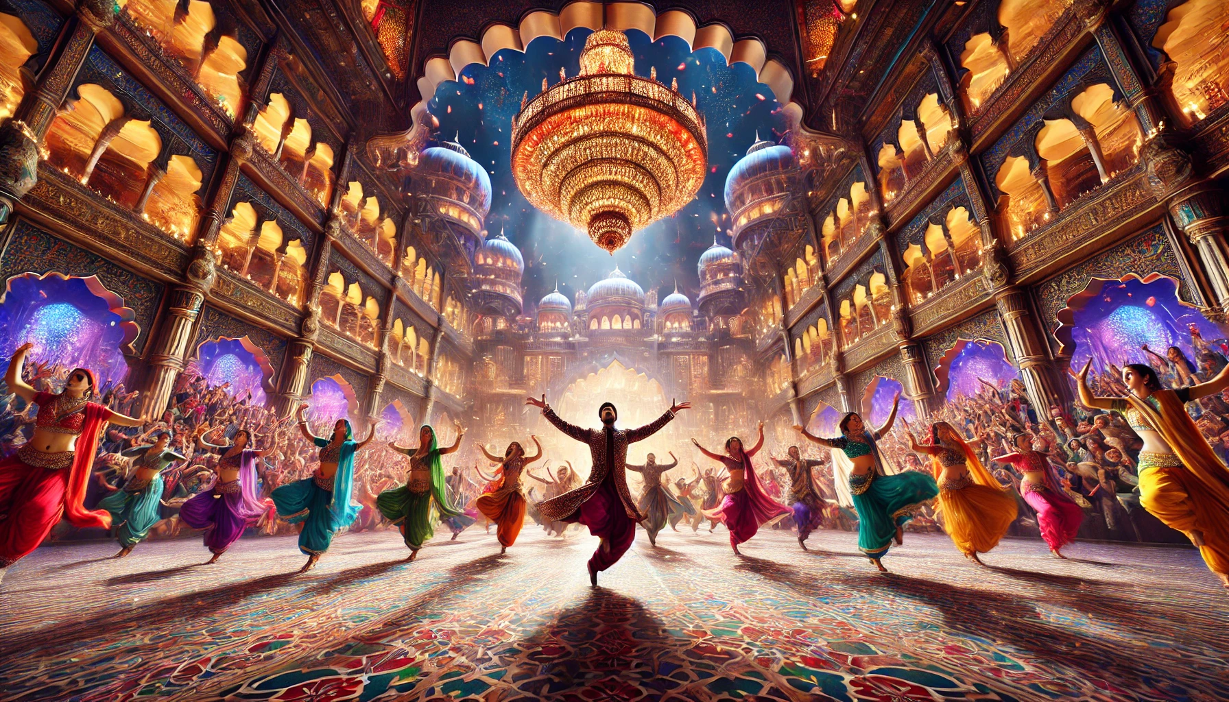 a vibrant Bollywood dance sequence in a grand, colorful setting.