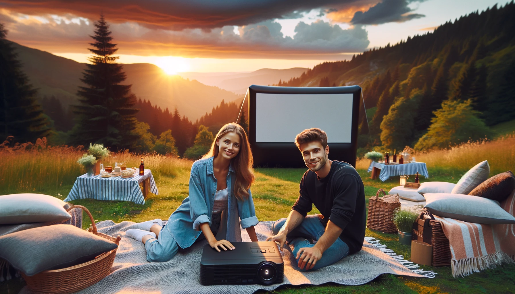 a man and a woman preparing for an outside film watching and setting up a projector.