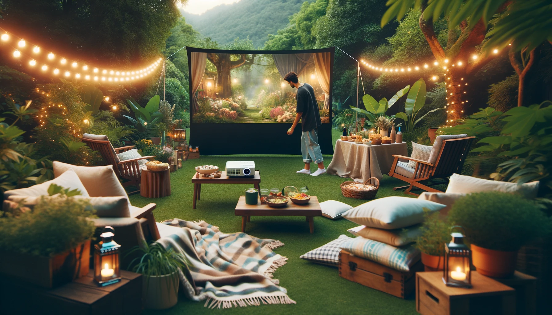 A person setting up an outdoor movie night in a scenic backyard. He is arranging a portable screen and projector, surrounded by lush greenery.
