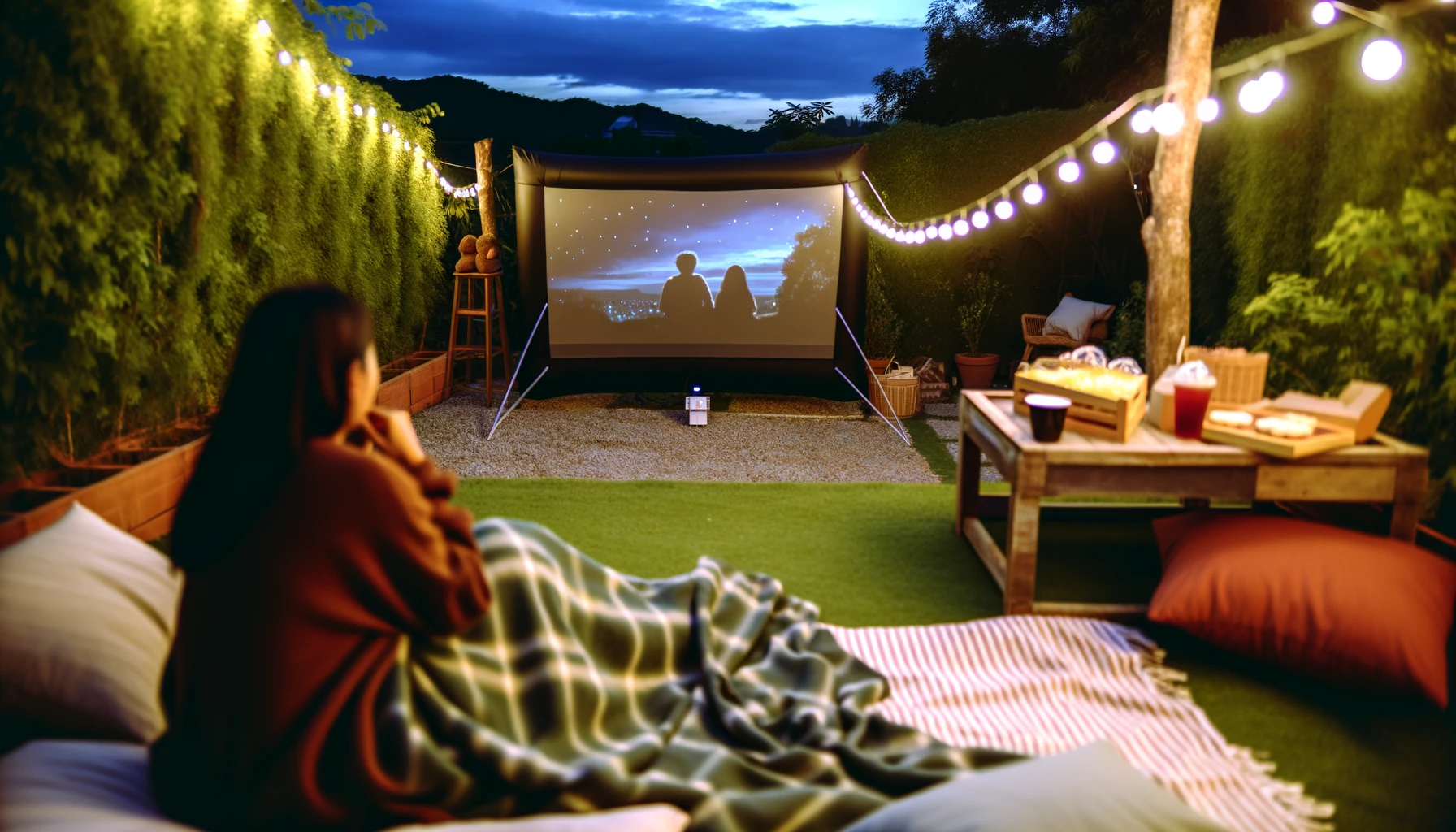 A woman enjoying an outdoor movie night alone in a cozy setup.