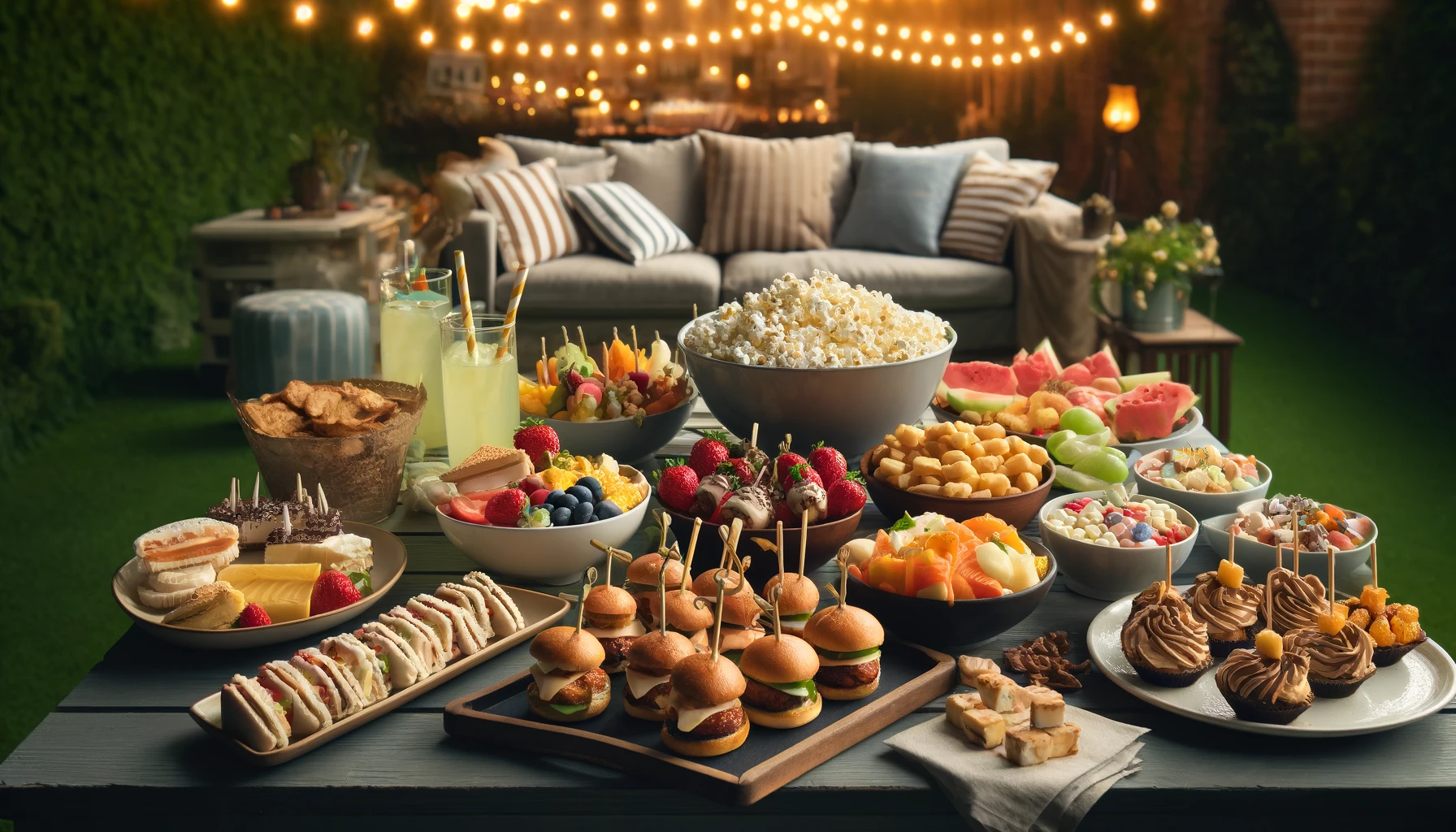A table filled with a variety of delicious snacks for an outdoor movie night. The table includes bowls of gourmet popcorn, plates of mini sliders, skewers of fruit kabobs, trays of dessert bars, and glasses of lemonade.