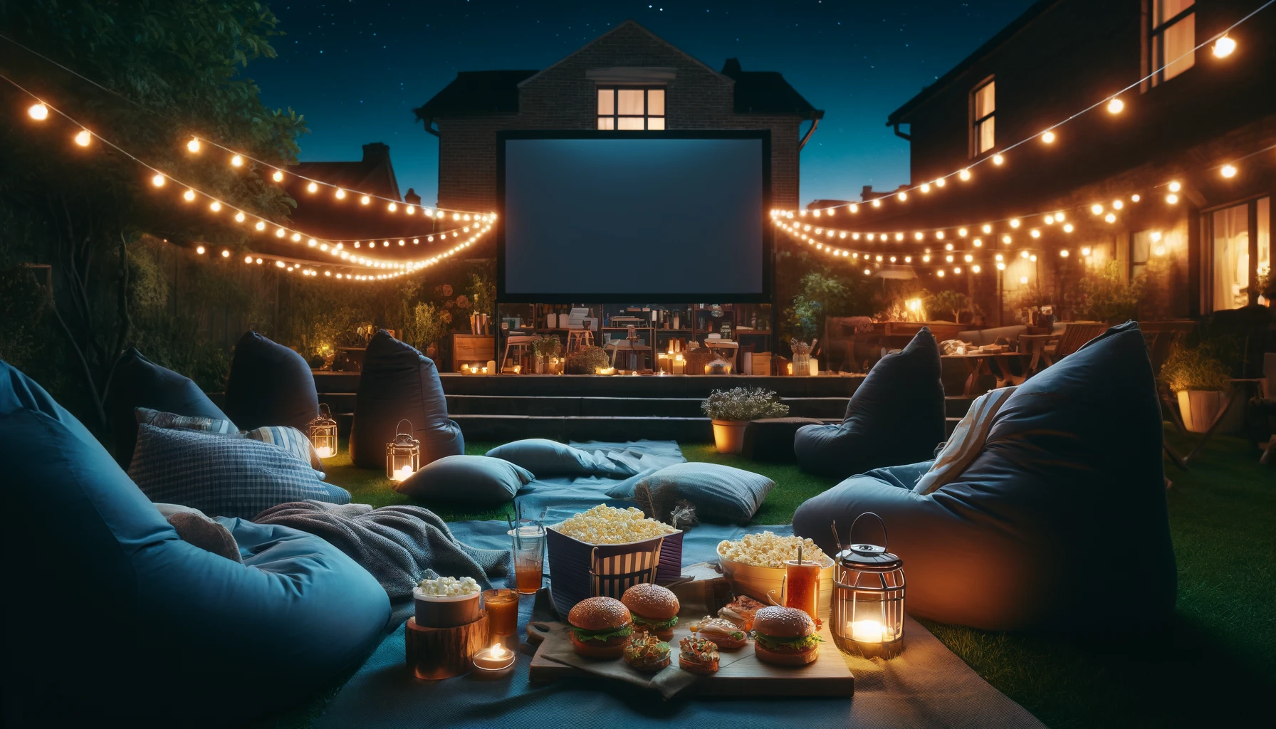 A nighttime outdoor cinema setup in a cozy backyard.