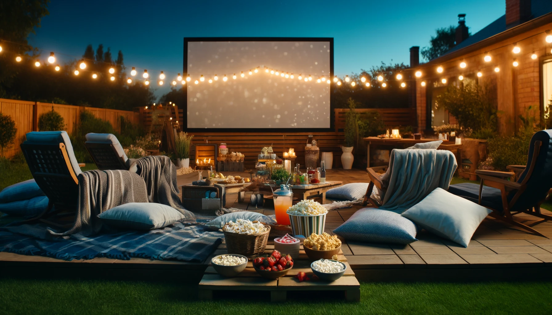 A beautifully set outdoor cinema setup in a backyard at twilight. The scene includes a large projector screen, cozy seating with blankets and pillows, string lights hanging overhead, and a table filled with snacks like popcorn, fruit kabobs, and lemonade.