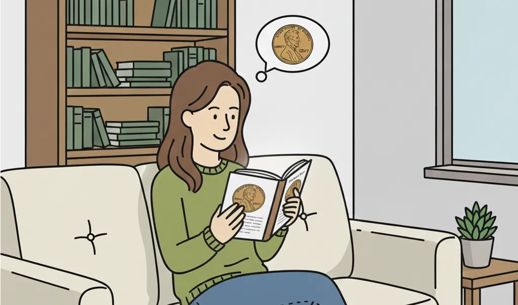woman reads book on Lincoln Wheat Pennies