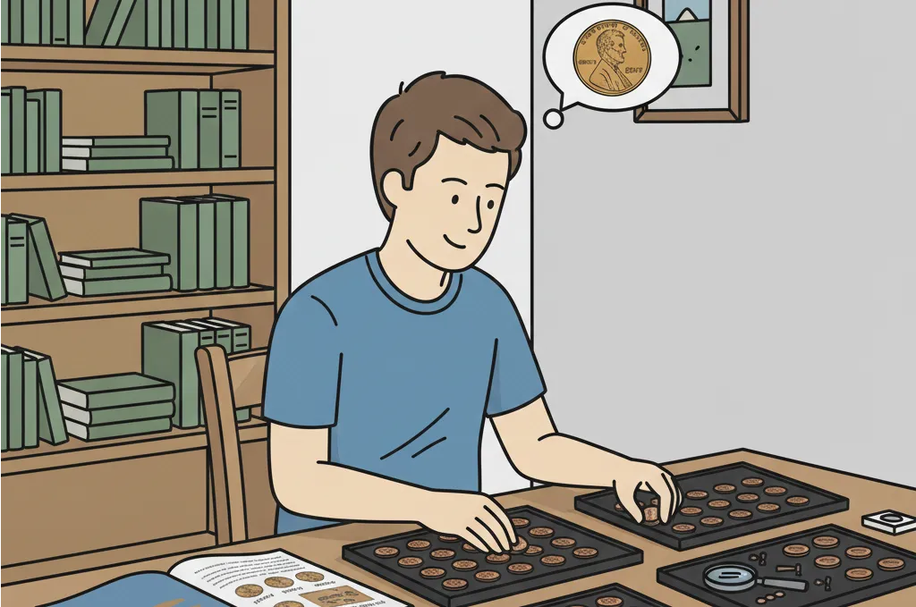A man on a table lays out his Lincoln coins